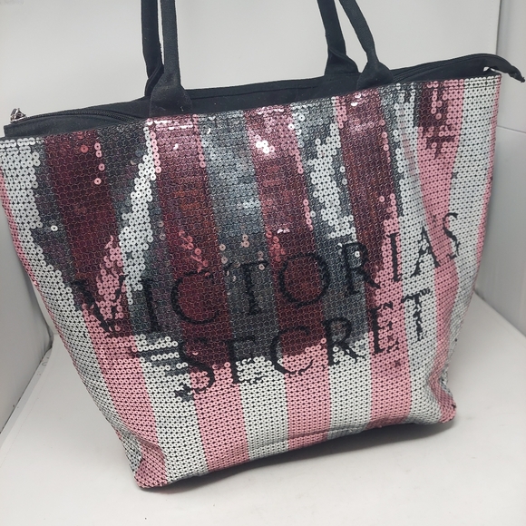 Victoria's Secret Sequined Weekender Tote Bag Pink Silver Striped Spell Out Y2K - Picture 3 of 12